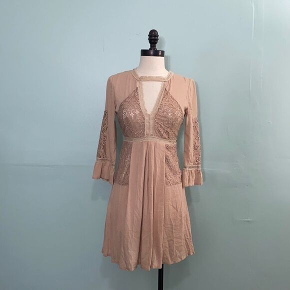 Raga Beige Boho Lace Inlay Mini Dress - Picture 1 of 9
